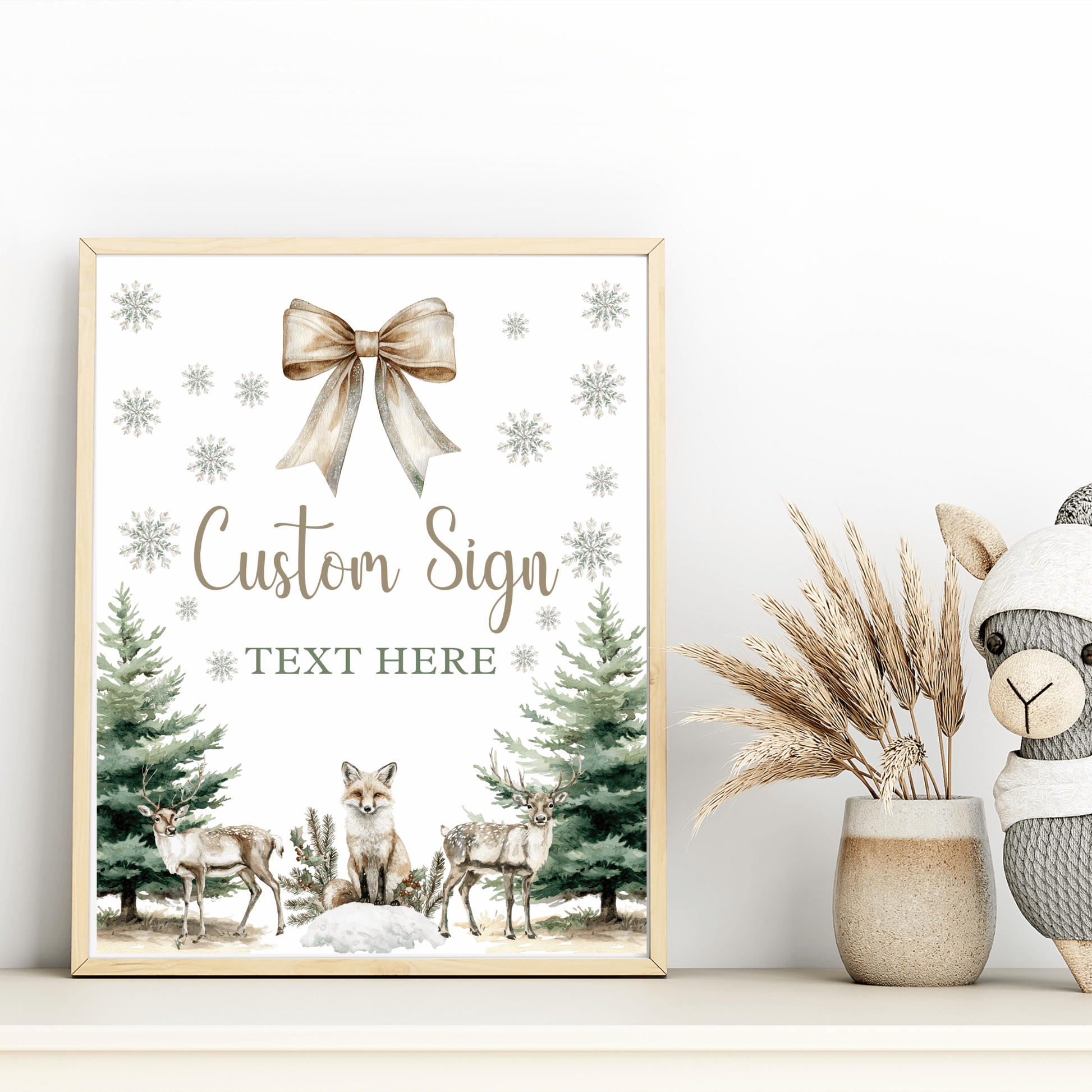 Editable winter woodland baby shower sign template featuring deer and pine trees, customizable text area for easy personalization.