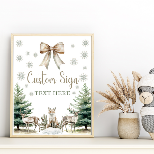 Editable winter woodland baby shower sign template featuring deer and pine trees, customizable text area for easy personalization.