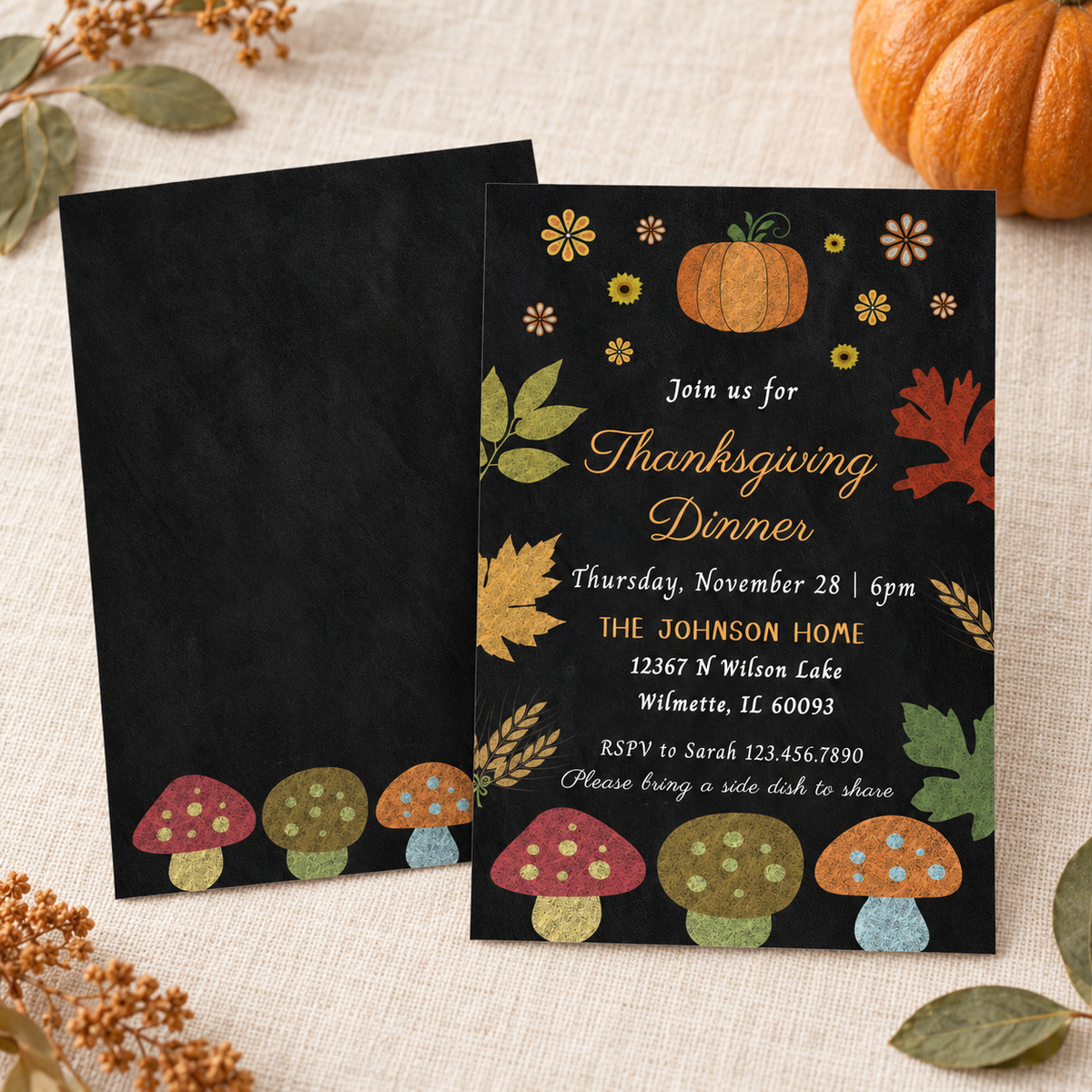 Editable Rustic Fall Dinner Party Invitation Template featuring autumn leaves and a pumpkin design.