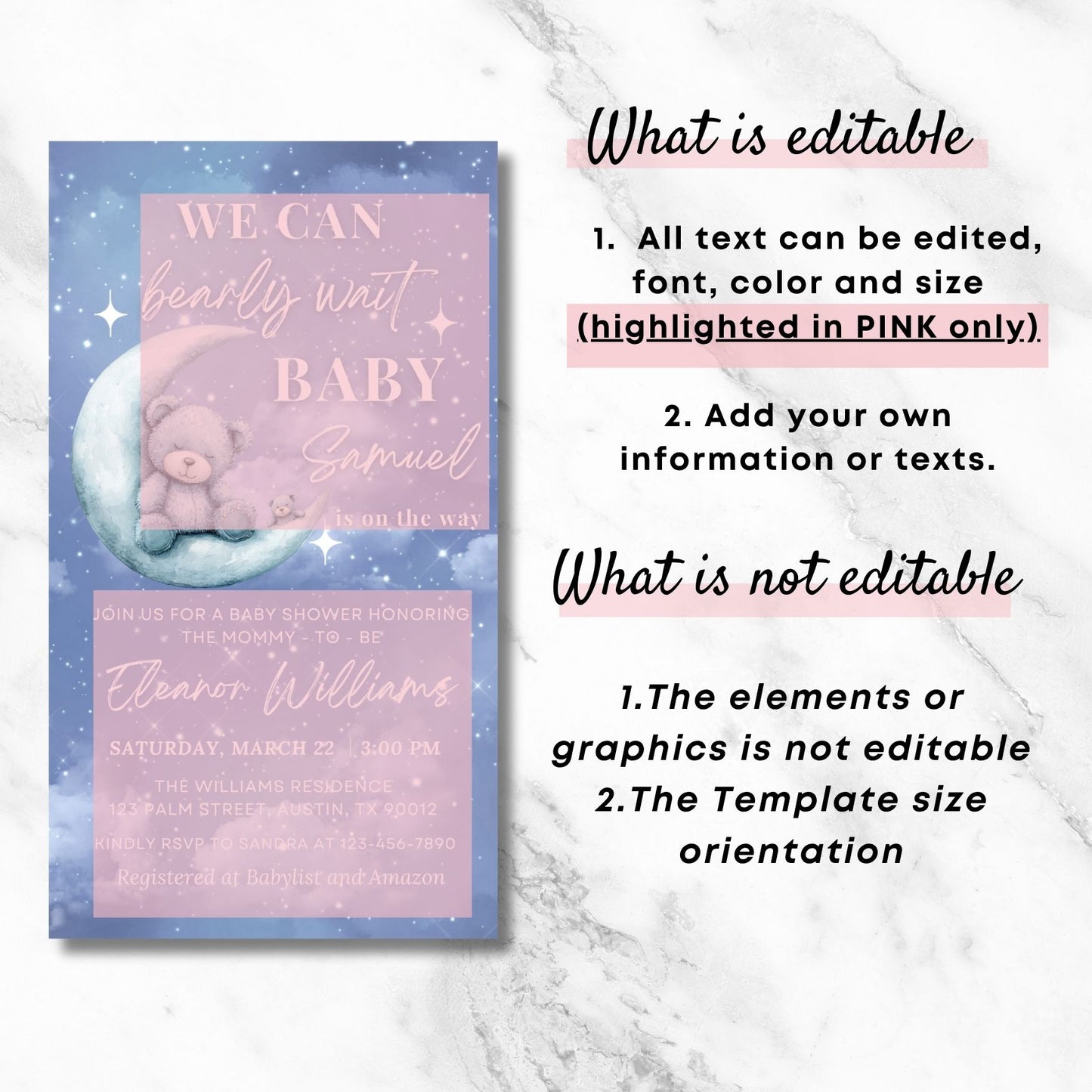 Baby shower invitation with teddy bear design on a marble background