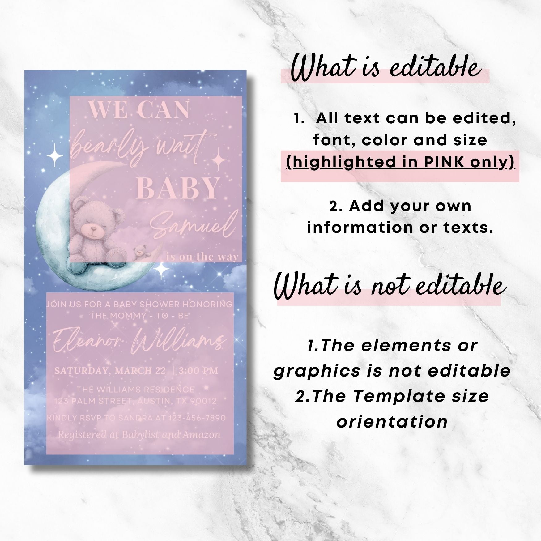 Baby shower invitation with teddy bear design on a marble background