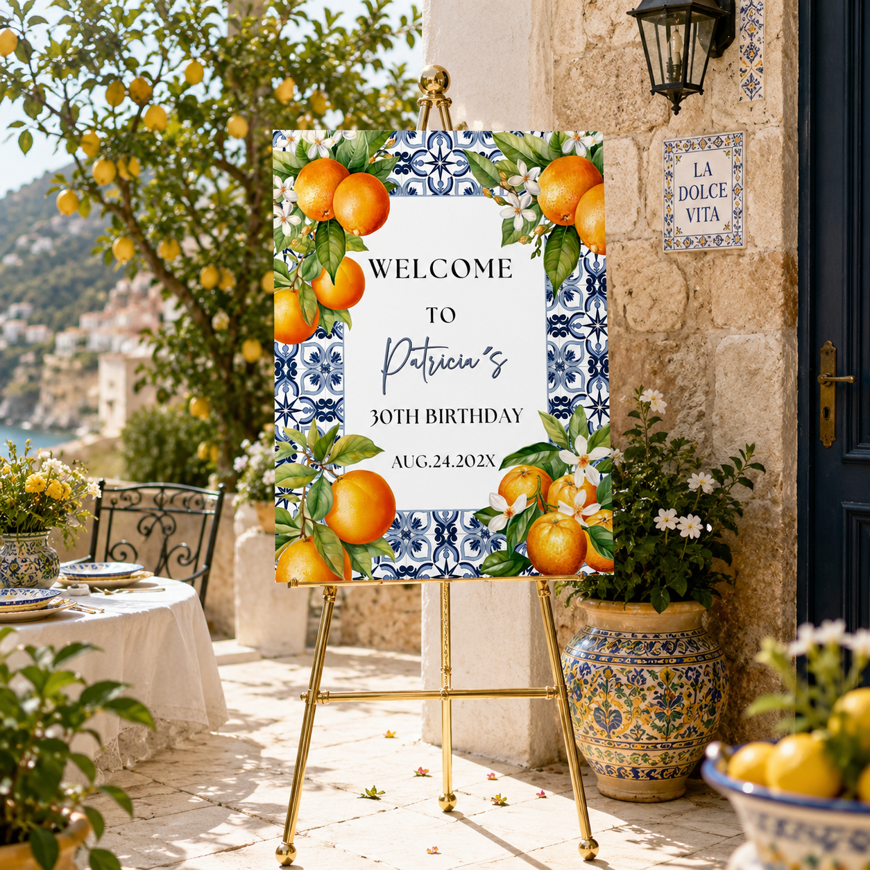 Mediterranean Citrus Birthday Welcome Sign Template on display outdoors with vibrant oranges and floral decorations.