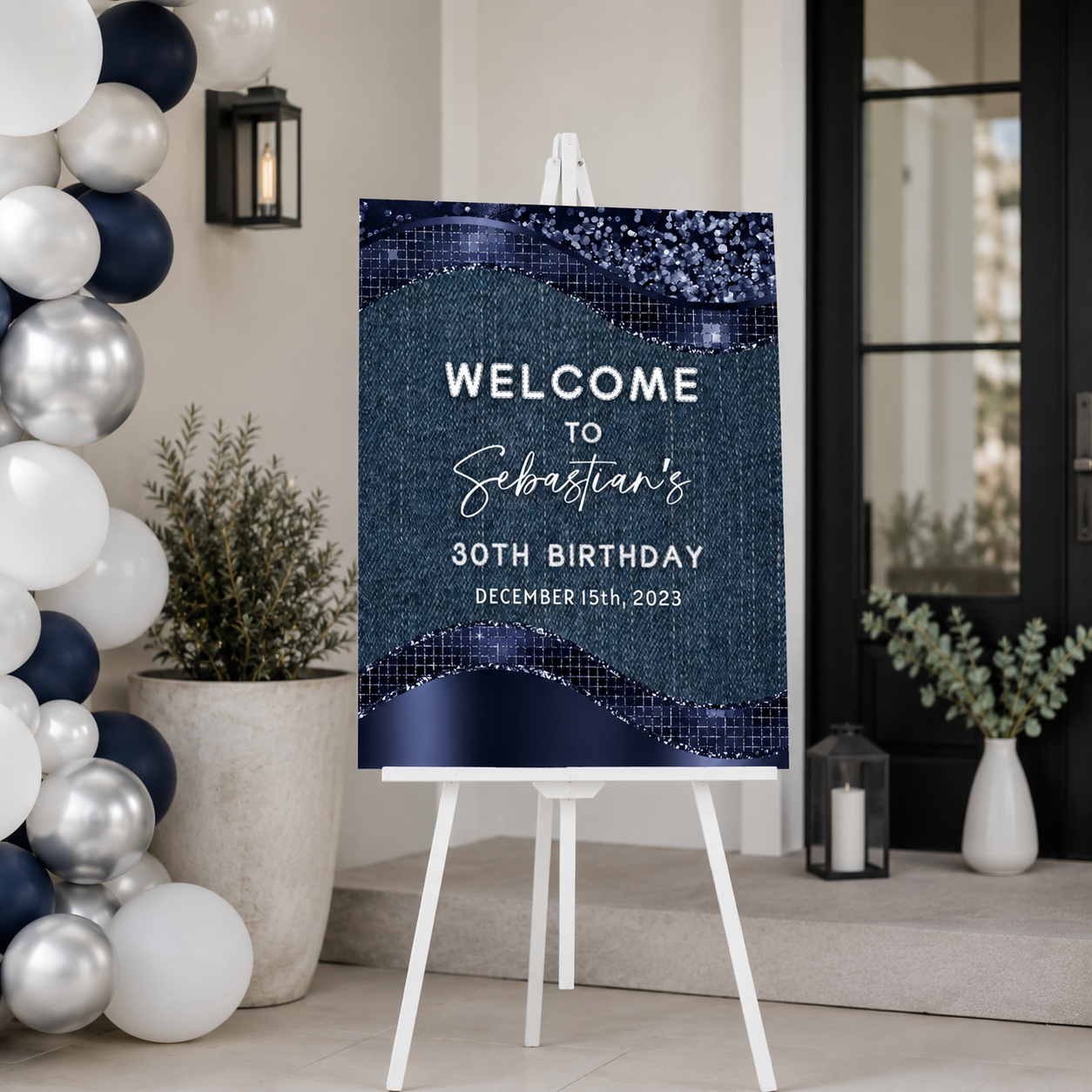 Editable Blue Denim Glitter Birthday Party Welcome Sign displayed at a birthday event entrance, featuring denim and glitter design.