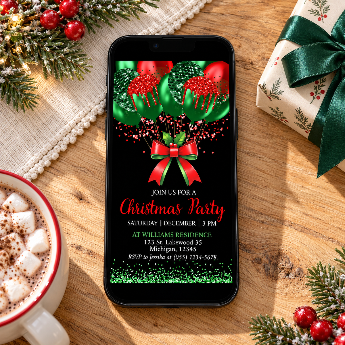 Editable Christmas party evite featuring red and green balloons, festive bow, and Christmas party details.