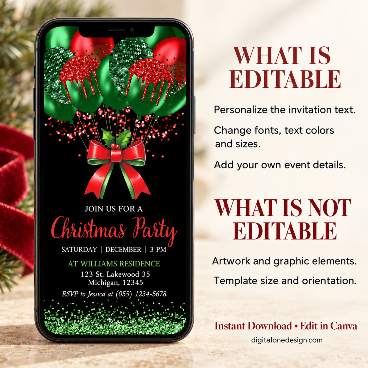 Editable Christmas party evite showcasing red and green balloons with personalized text on digital invitation.