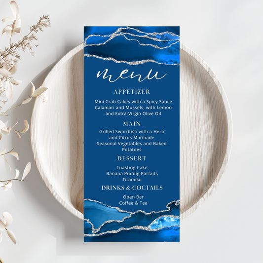 Royal Blue Menu Card Template, Elegant Dinner Party Menu Card, Royal Blue & Silver Design, Birthday, Retirement Celebration, Graduation