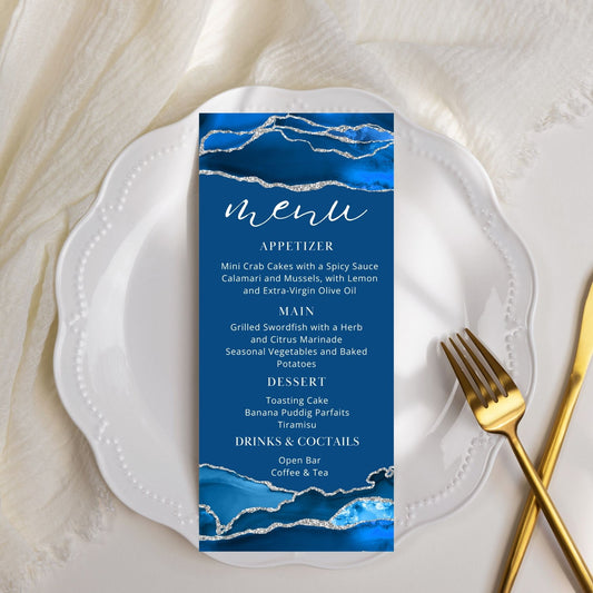 Royal Blue Menu Card Template, Elegant Dinner Party Menu Card, Royal Blue & Silver Design, Birthday, Retirement Celebration, Graduation