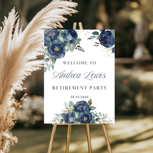 Editable Navy Gold Watercolor Floral Retirement Welcome Sign