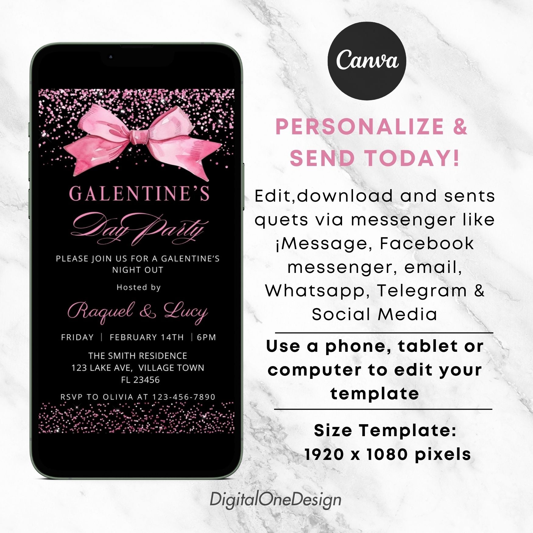Electronic Hot Pink Bow Galentine’s Day Invitation