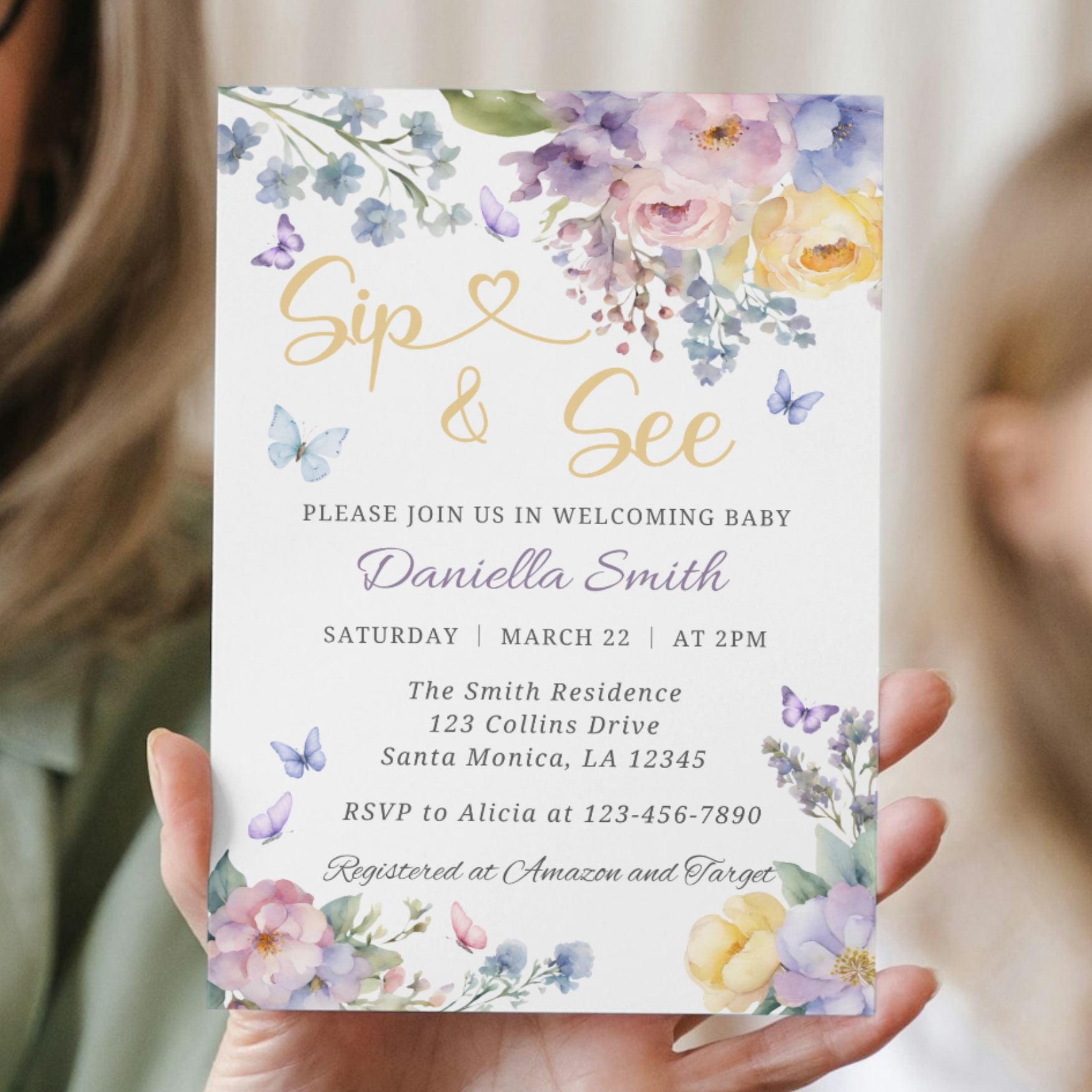 Floral 'Sip & See' baby shower invitation template
