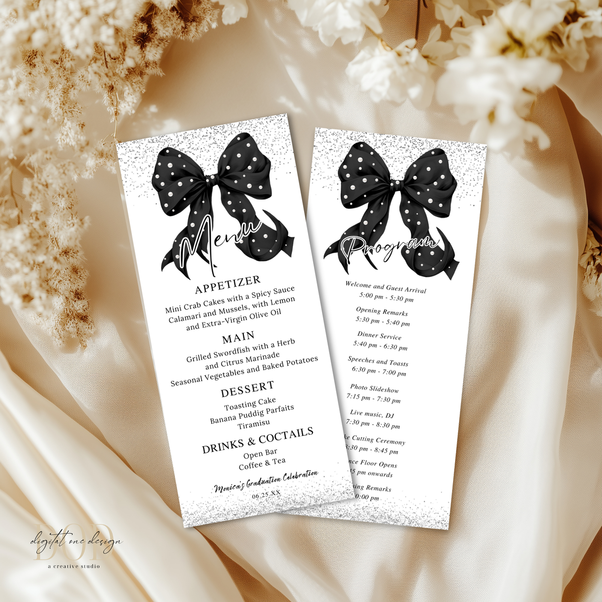 Elegant Black Bow Graduation Menu Card with Pearls featuring a stylish black bow and pearl accents on a dinner menu.