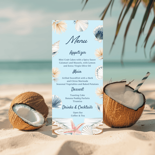 Editable Coastal Beach and Shell Menu Card template
