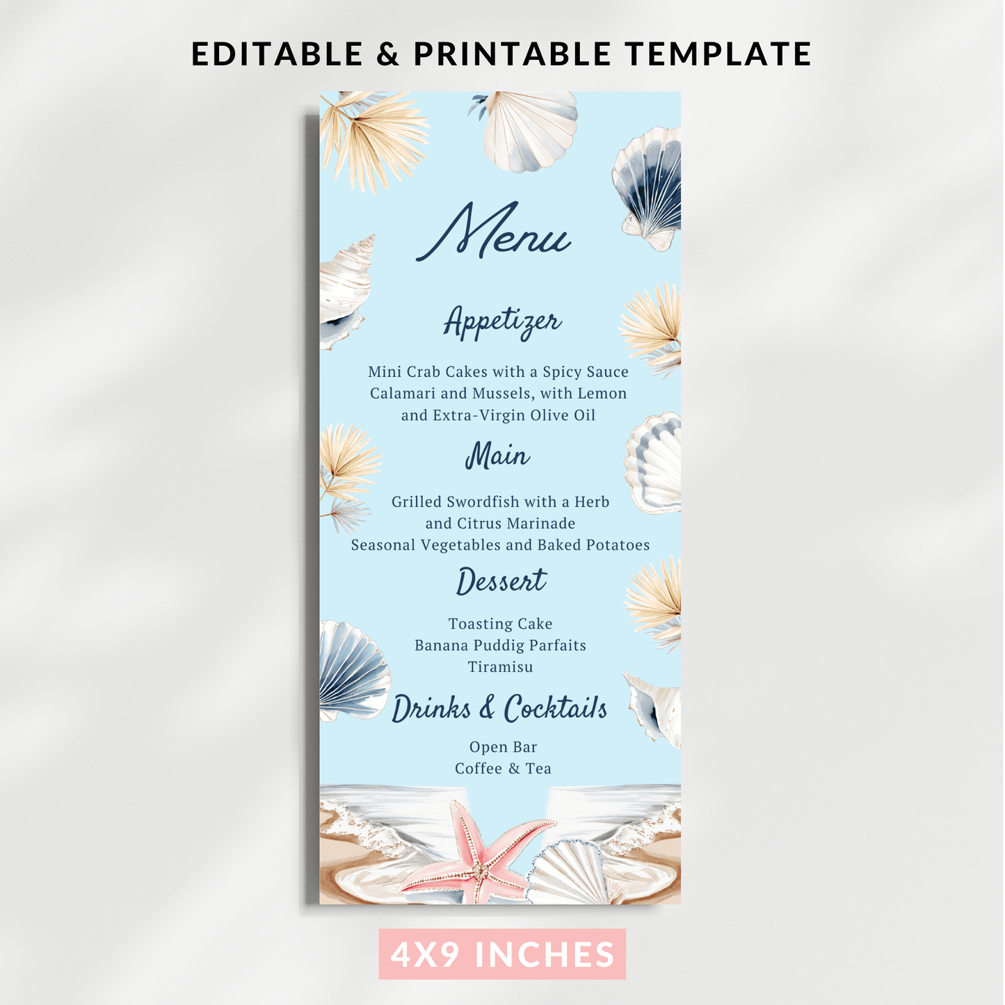 Summer Beach Menu Card template 4x9