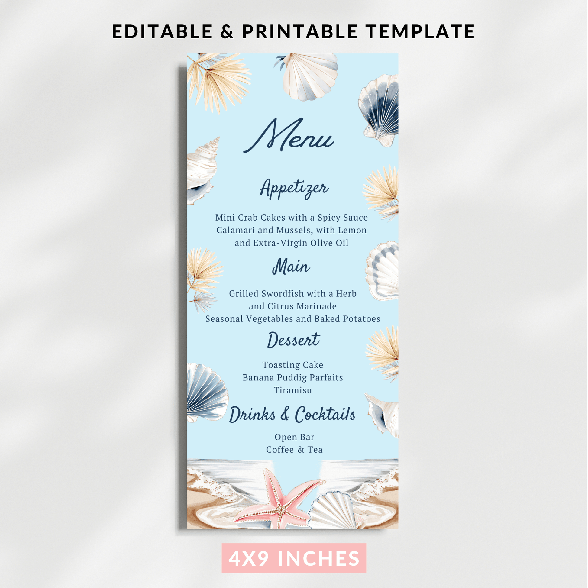 Summer Beach Menu Card template 4x9