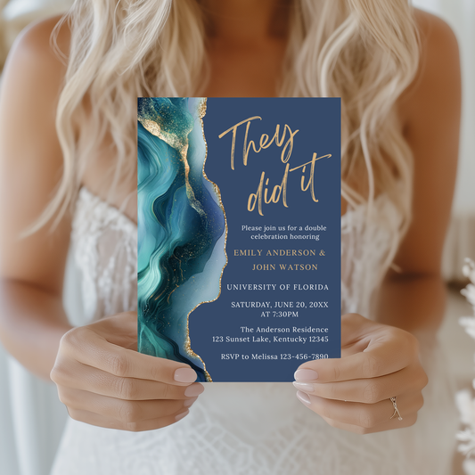 Editable Blue Sapphire Gold Agate Graduation Invitation