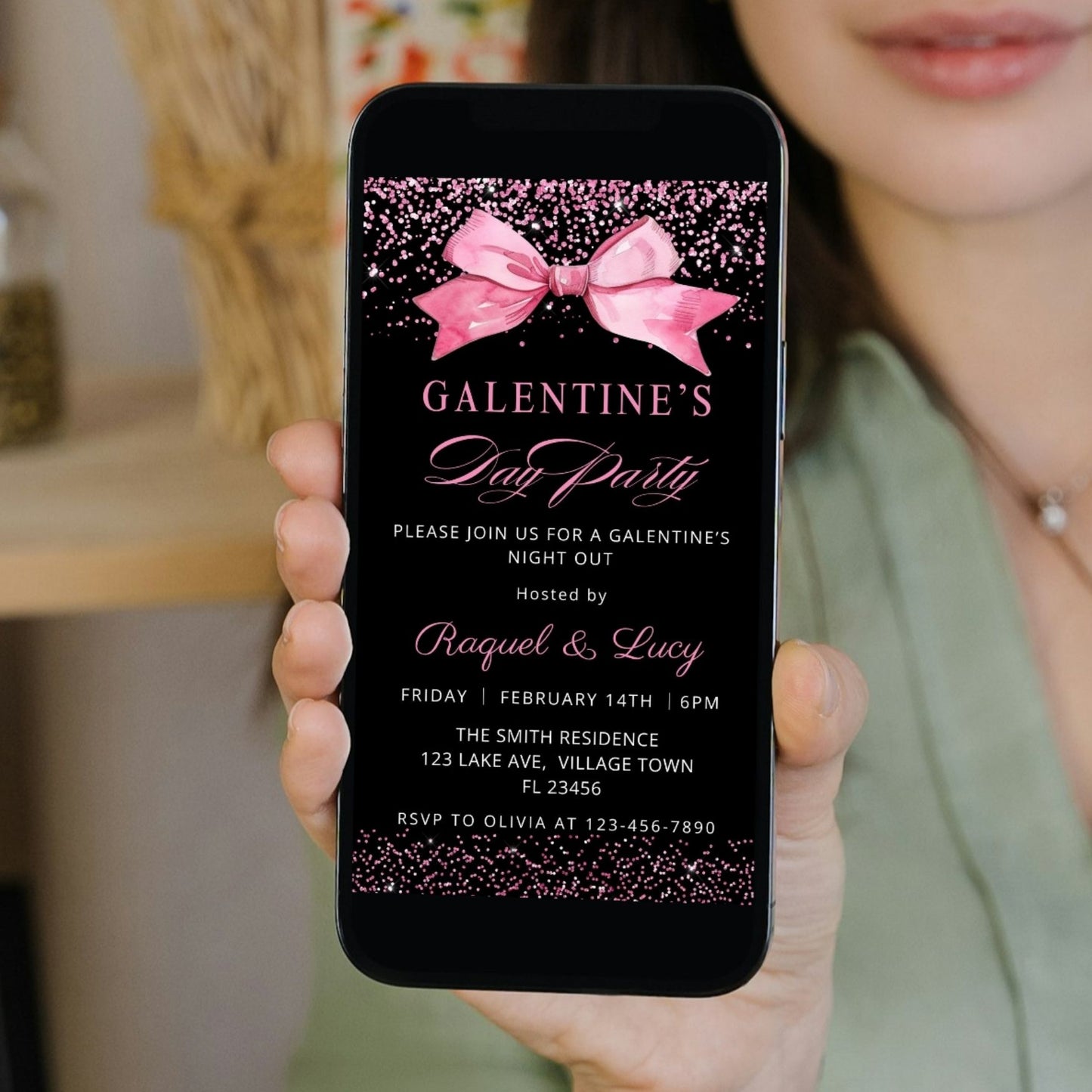 Electronic Hot Pink Bow Galentine’s Day Invitation