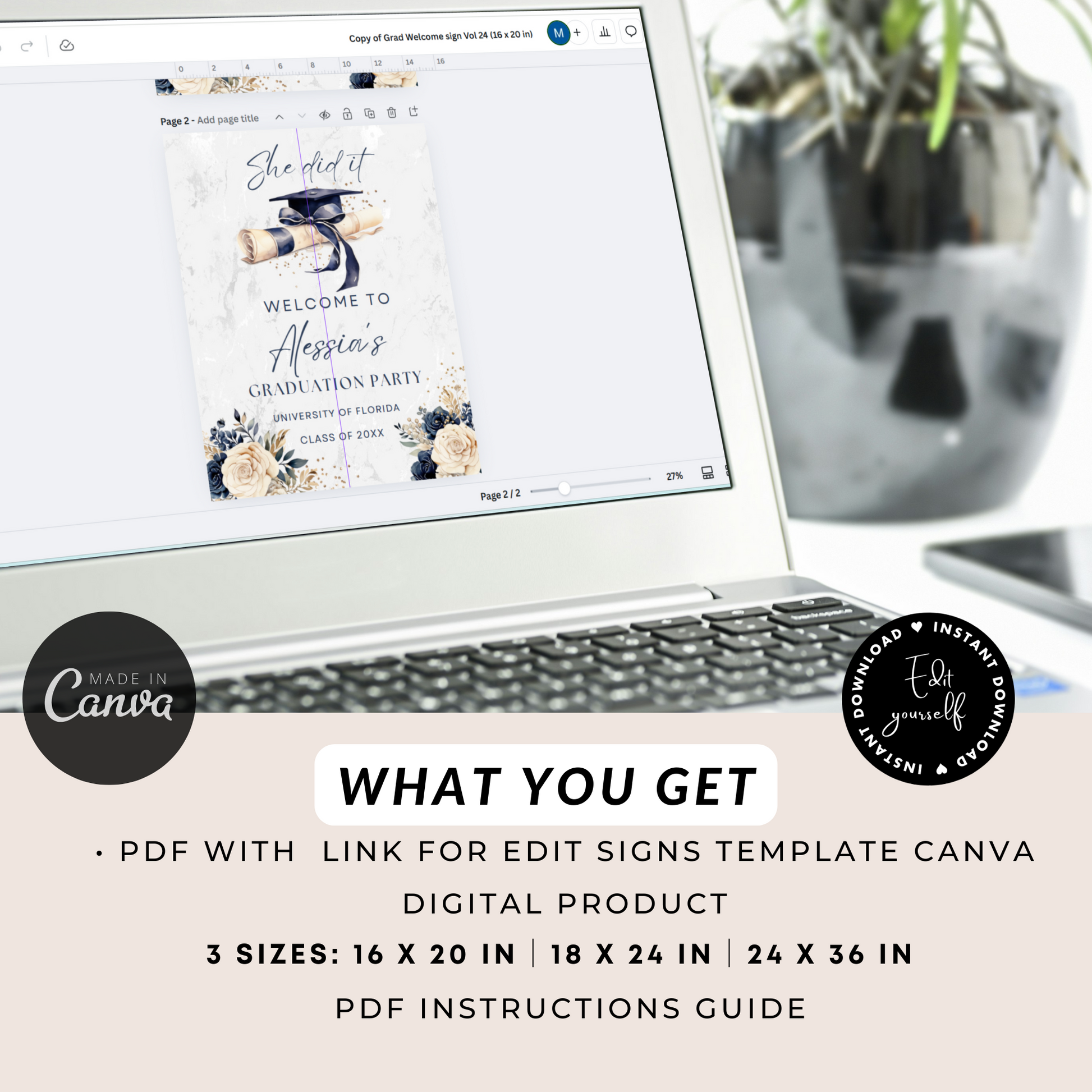 Editable navy beige Grad Welcome Sign Template