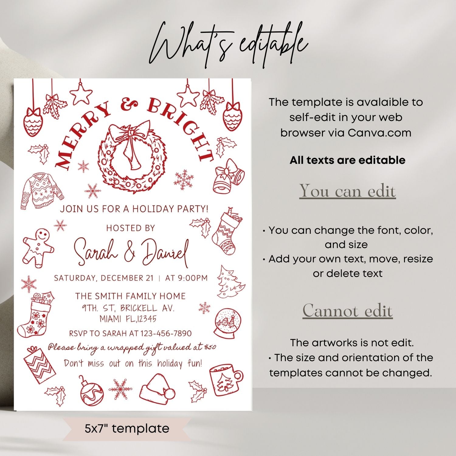Holiday party invitation template with red text and festive graphics on a white background, featuring editable text information.