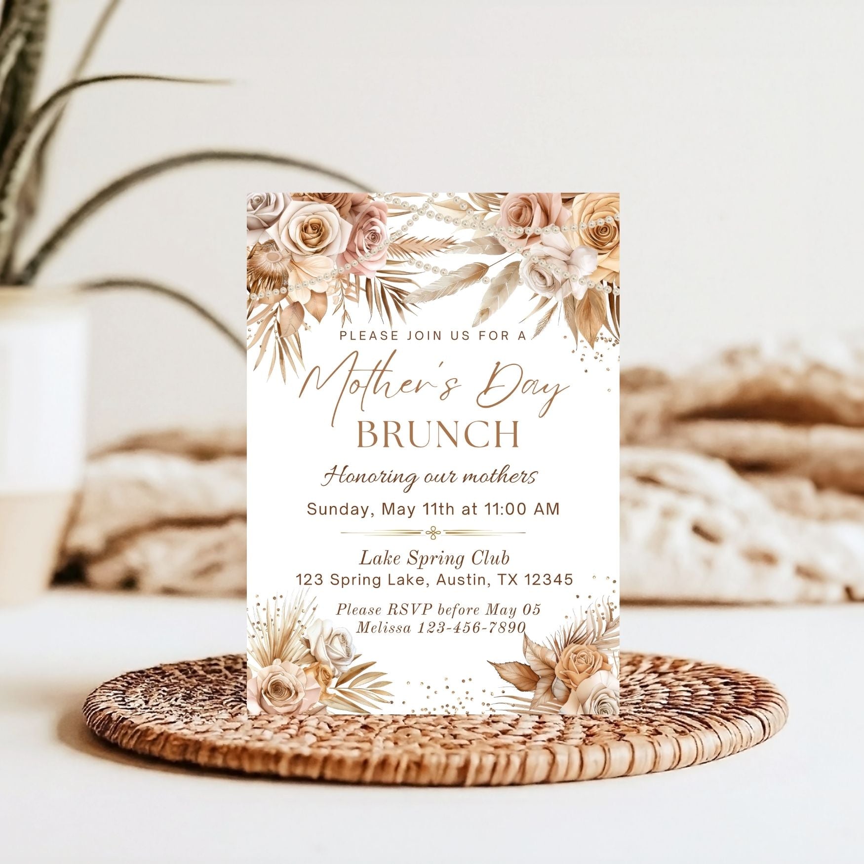 Elegant Boho Floral Mother's Day Brunch Invitation Template