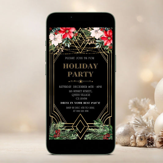 Phone displaying a Art Deco holiday party invitation with festive design on a blurred background