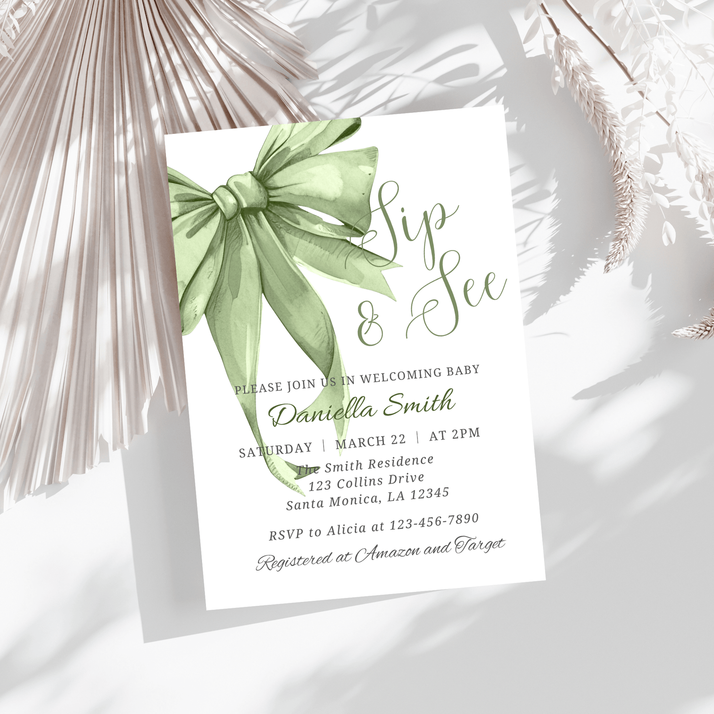 Editable Sage Green Sip and See Invitation Template
