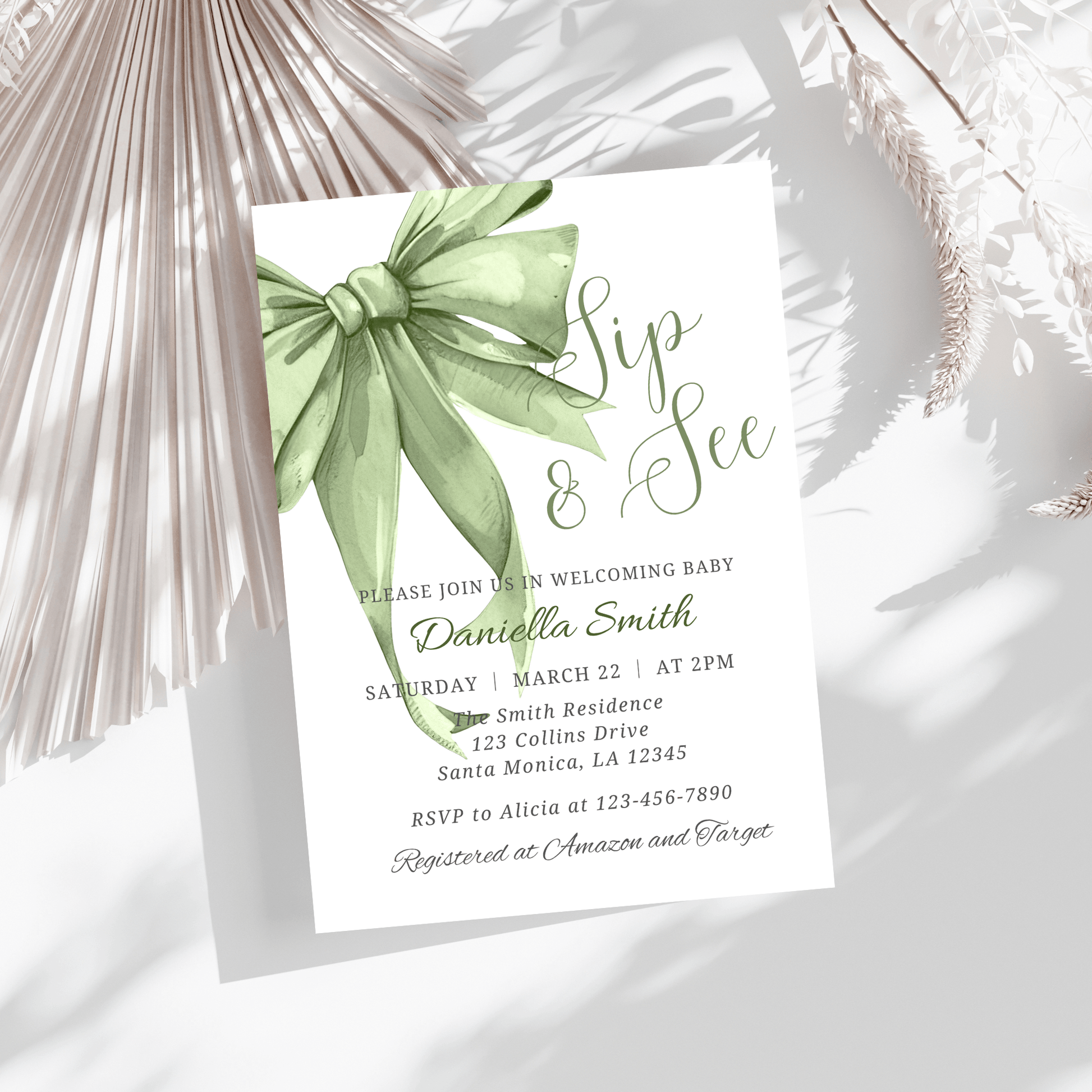 Editable Sage Green Sip and See Invitation Template
