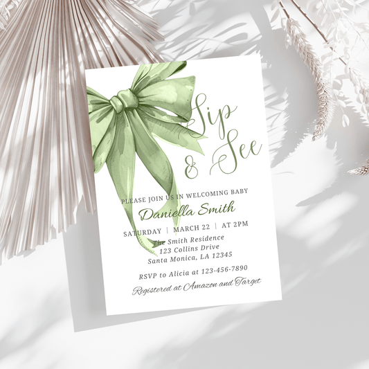 Editable Sage Green Sip and See Invitation Template
