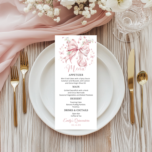 Quinceanera menu card with pink bow and Pearls design on a wooden table setting.