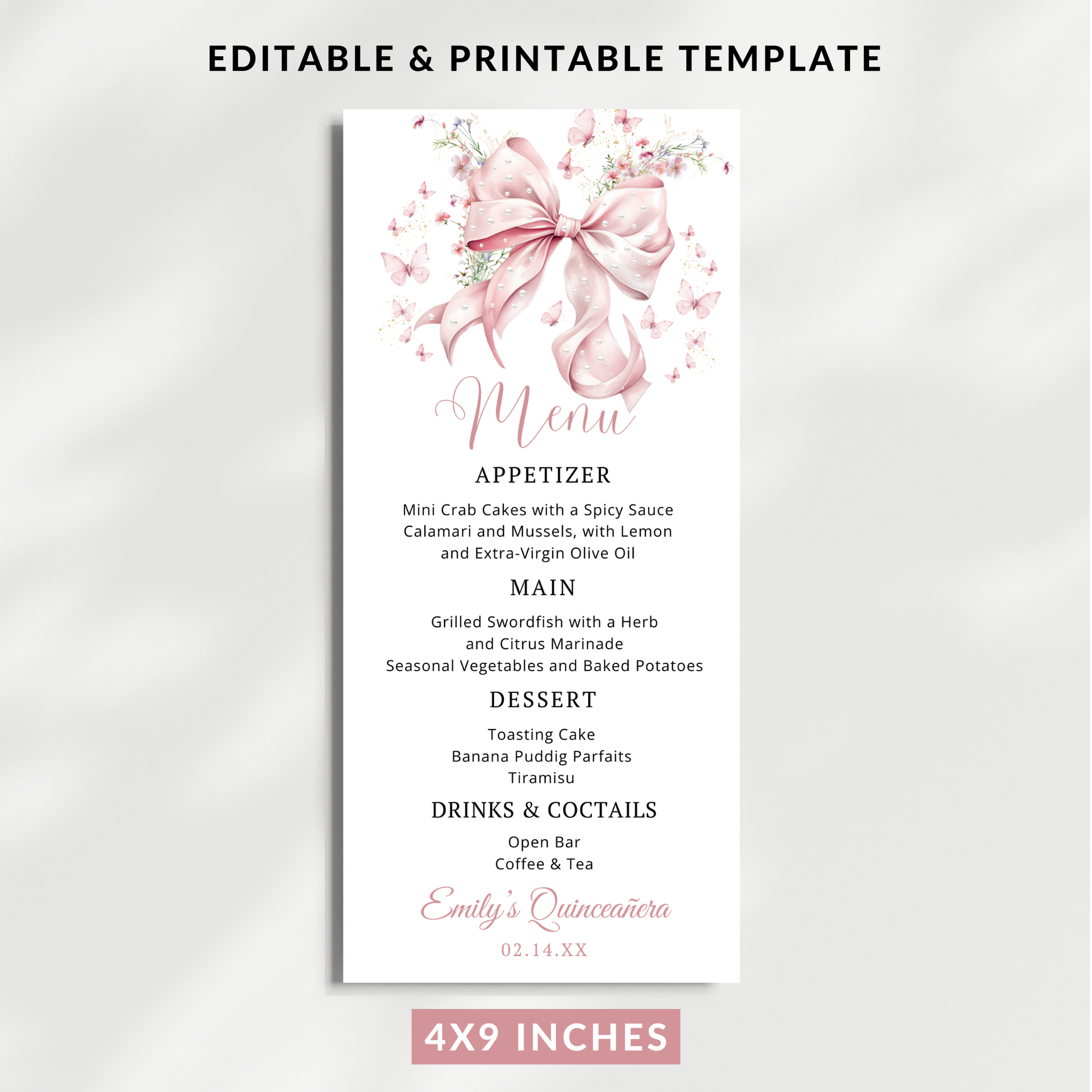Editable Coquette Pink Bow Pearls Menu Card Template