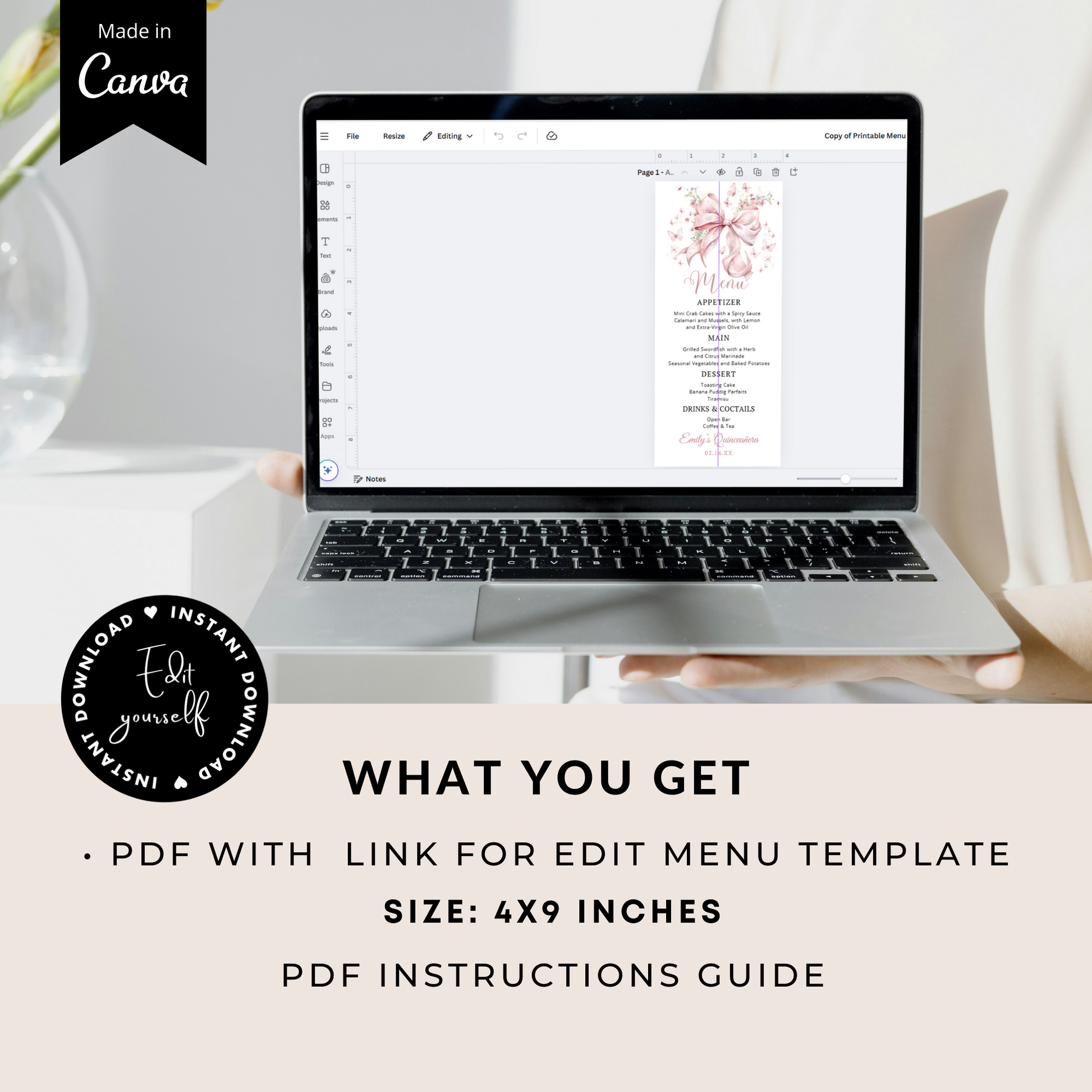 Laptop displaying a wedding Pink Bow Pearls and Floral menu template with text about the included resources.
