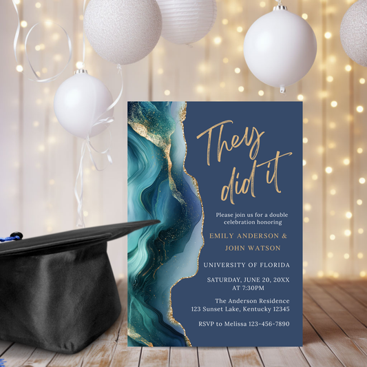 Editable Blue Sapphire Gold Agate Graduation Invitation