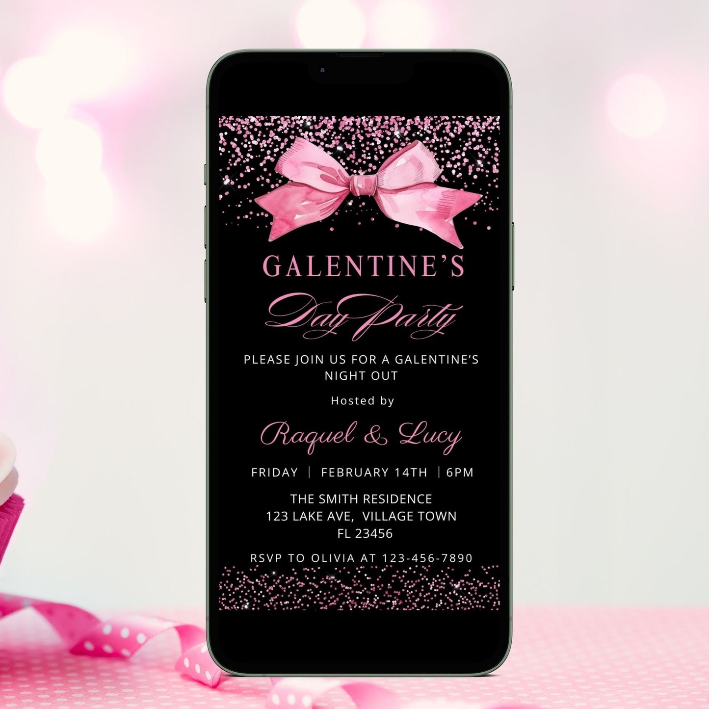 Electronic Hot Pink Bow Galentine’s Day Invitation