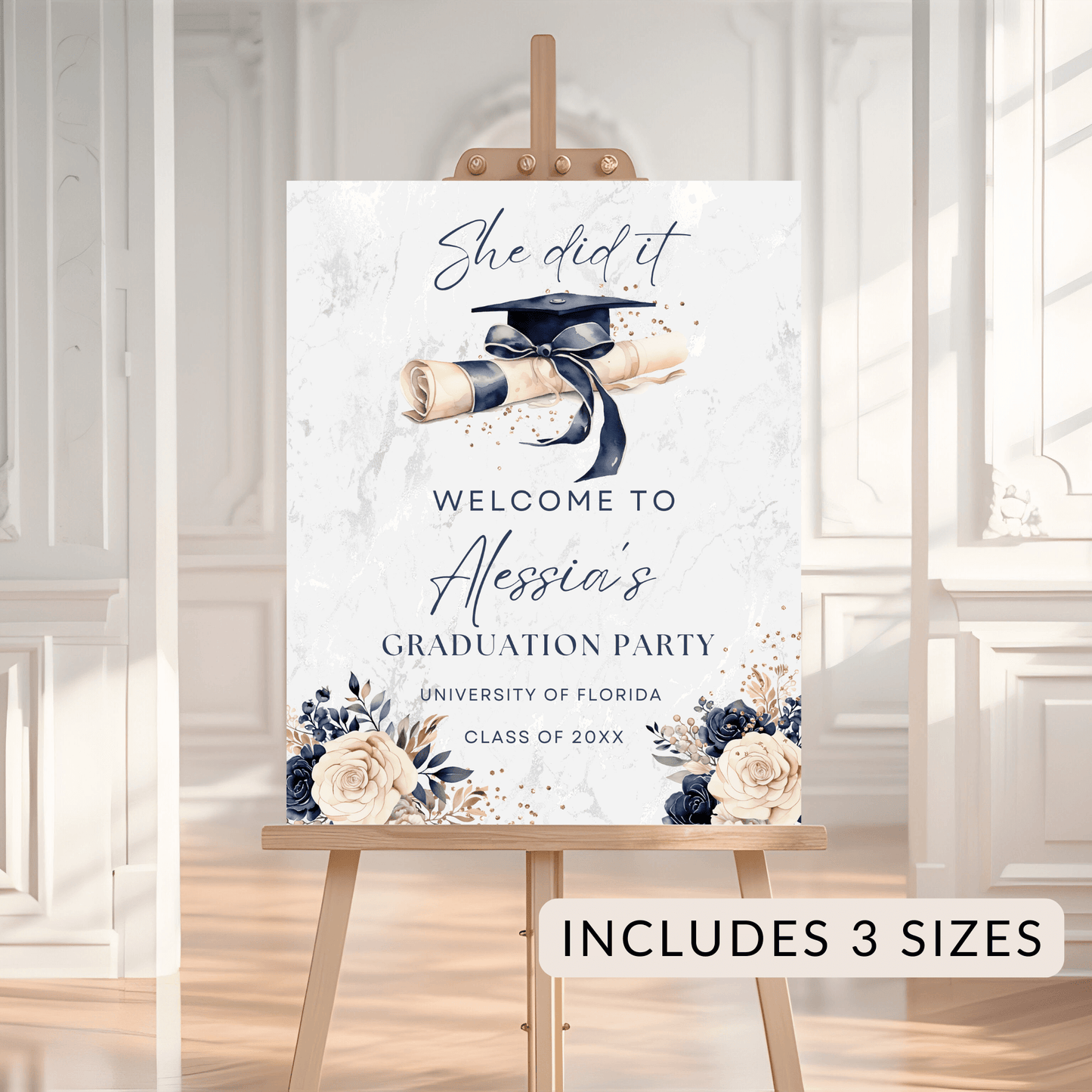 Elegant Navy Floral Graduation Welcome sign