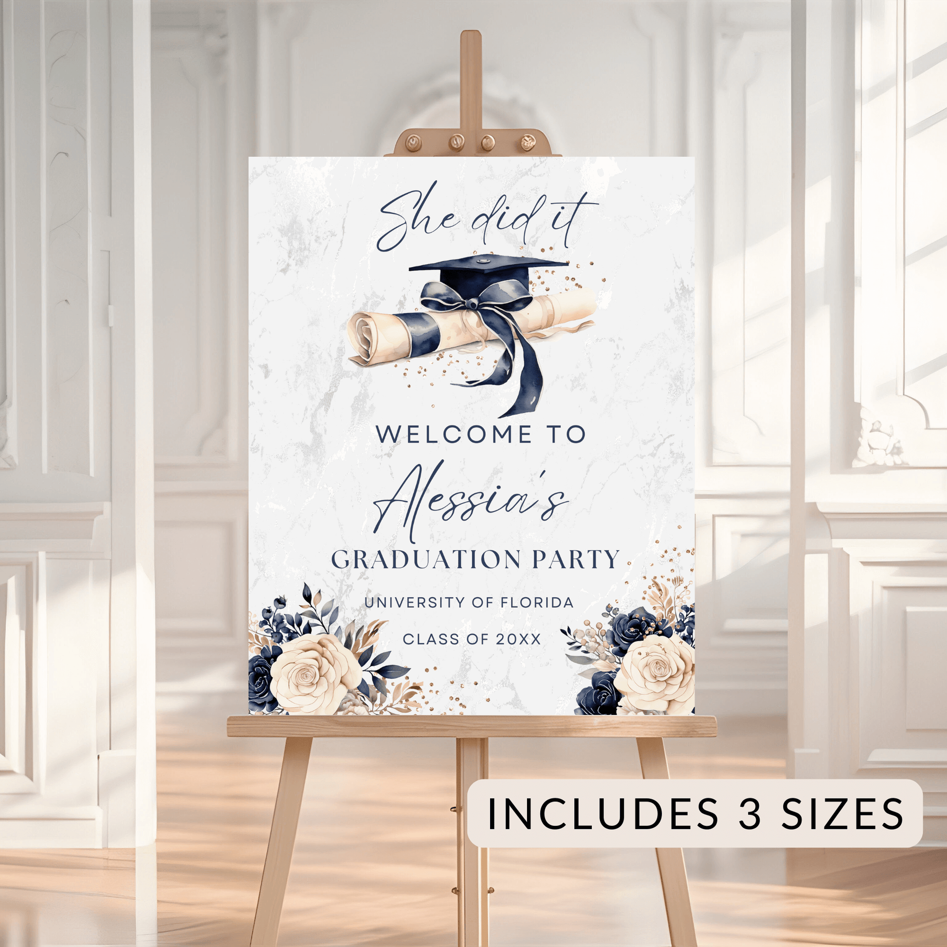 Elegant Navy Floral Graduation Welcome sign