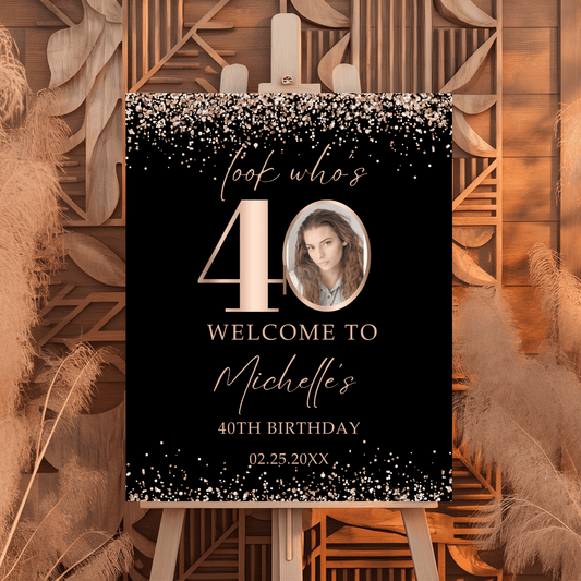 Look Who's 40 Birthday Welcome Sign in Rose gold