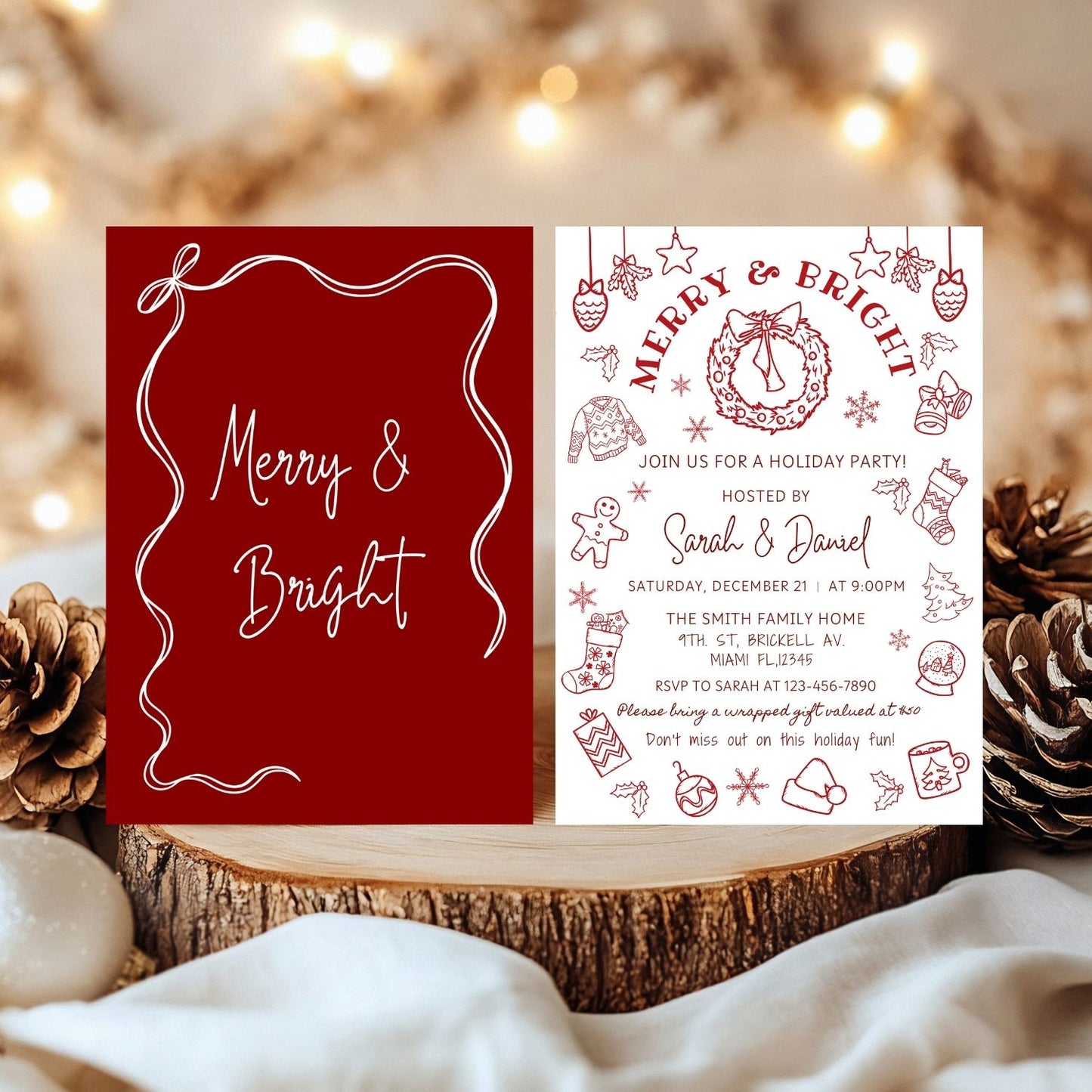 Red Christmas-themed party invitation with decorative elements on a wooden surface.