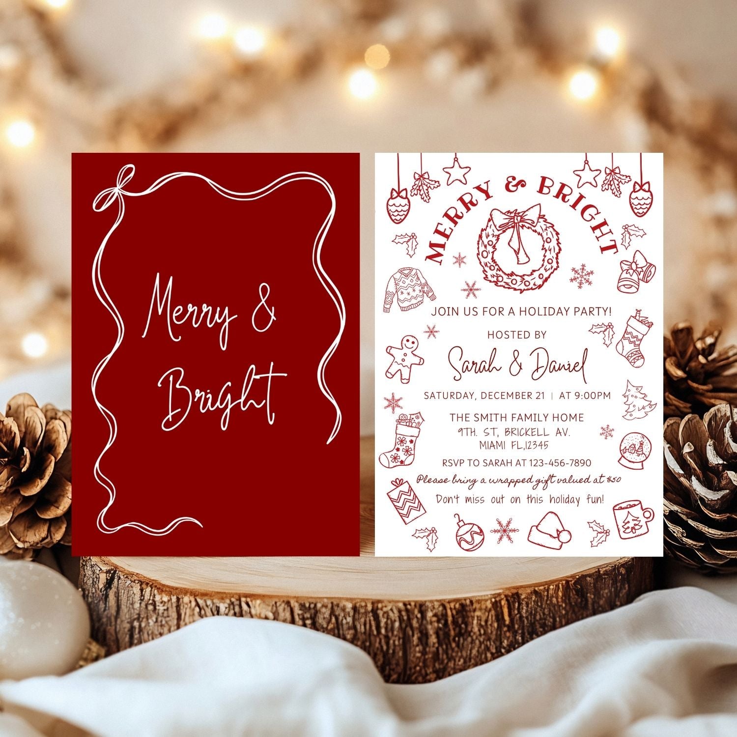 Red Christmas-themed party invitation with decorative elements on a wooden surface.
