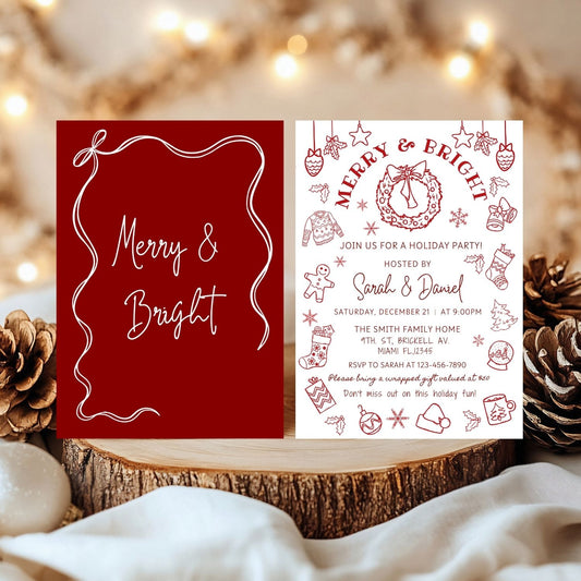 Red Christmas-themed party invitation with decorative elements on a wooden surface.