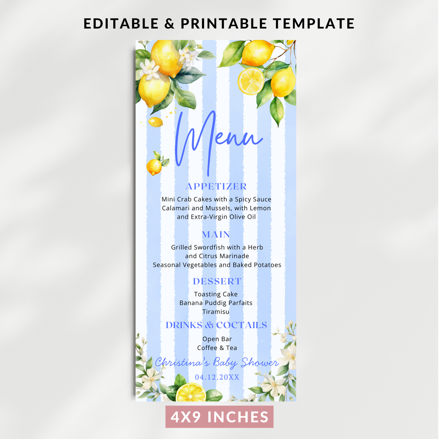 Editable Ciao Baby Citrus Lemon Menu Card