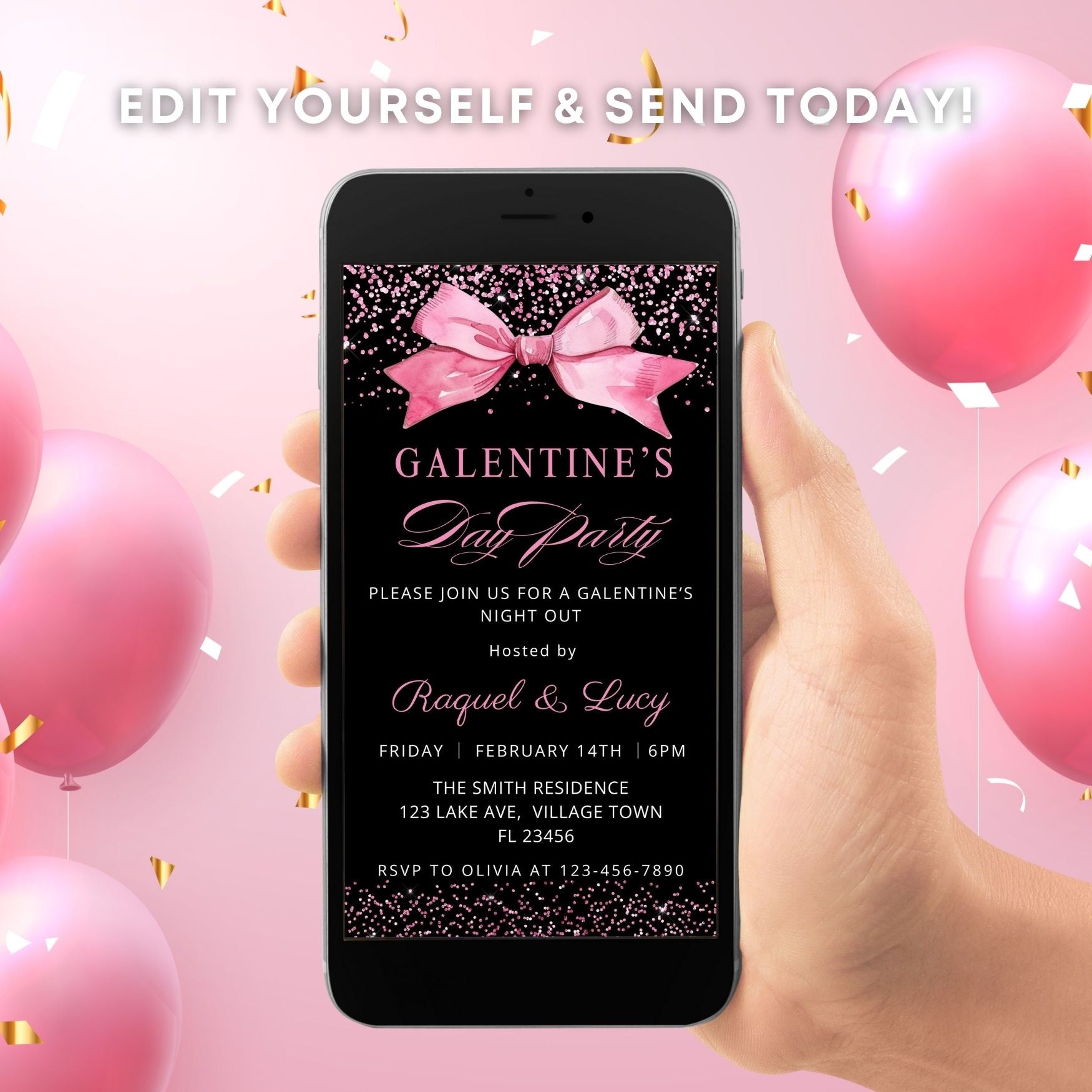 Electronic Hot Pink Bow Galentine’s Day Invitation