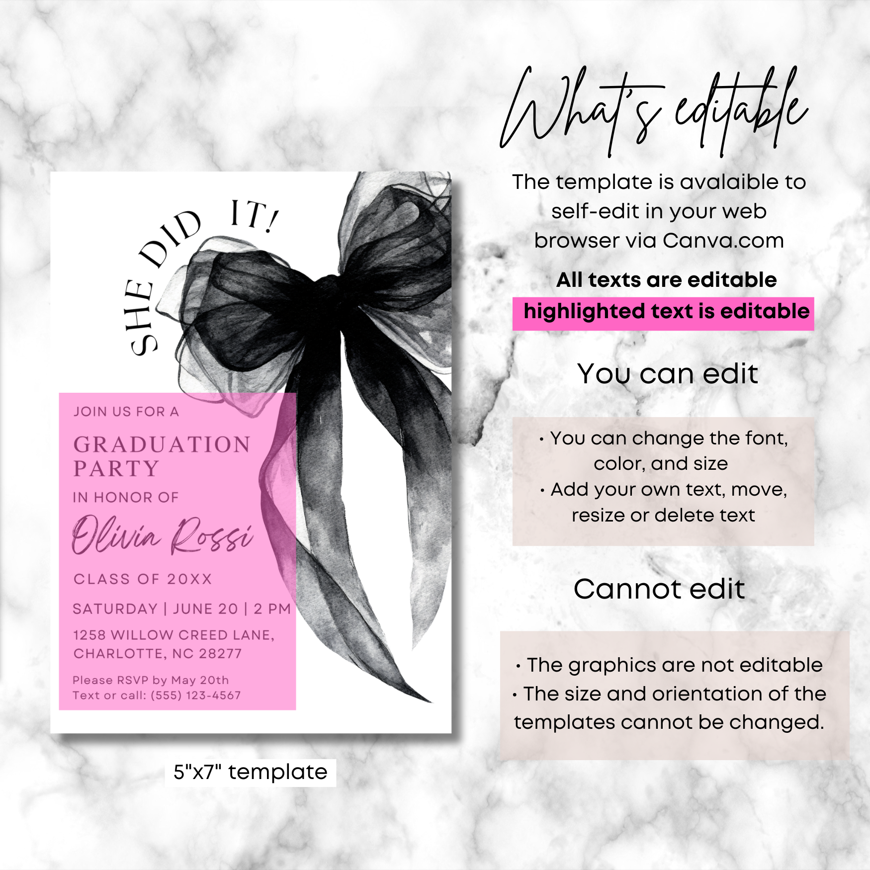 Editable Watercolor Black Bow Coquette Graduation Invitation