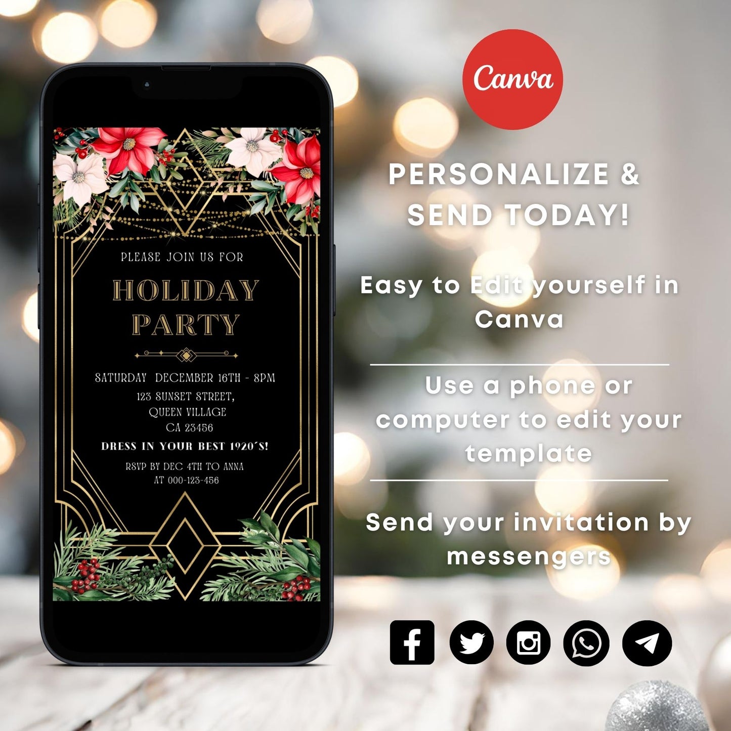 Phone displaying a holiday party invitation with Canva branding and text about personalizing and sending invitations.