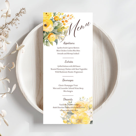 Editable Floral Yellow Menu Card Template