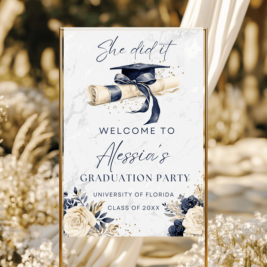 Editable Watercolor Navy Cap Graduation poster 