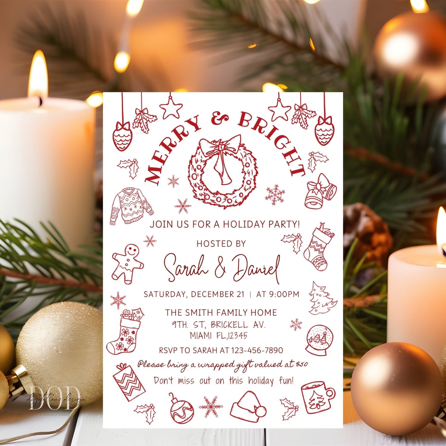Hand Drawn Christmas party invitation with festive decorations and candles in the background
