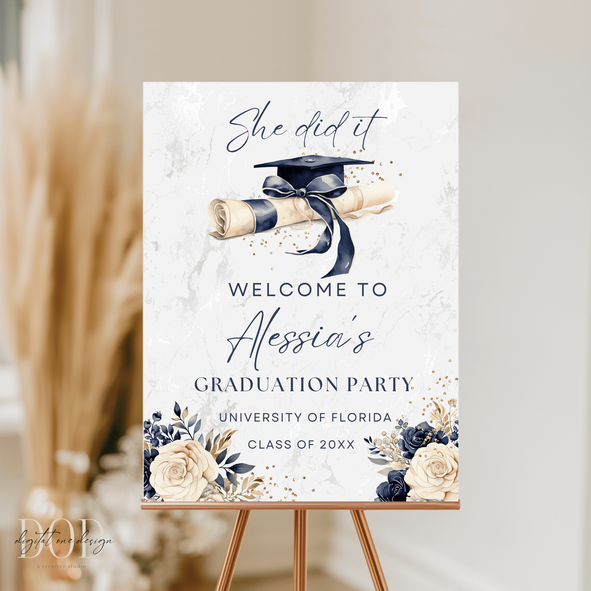 Watercolor navy Floral and Cap Graduation Welcome Sign