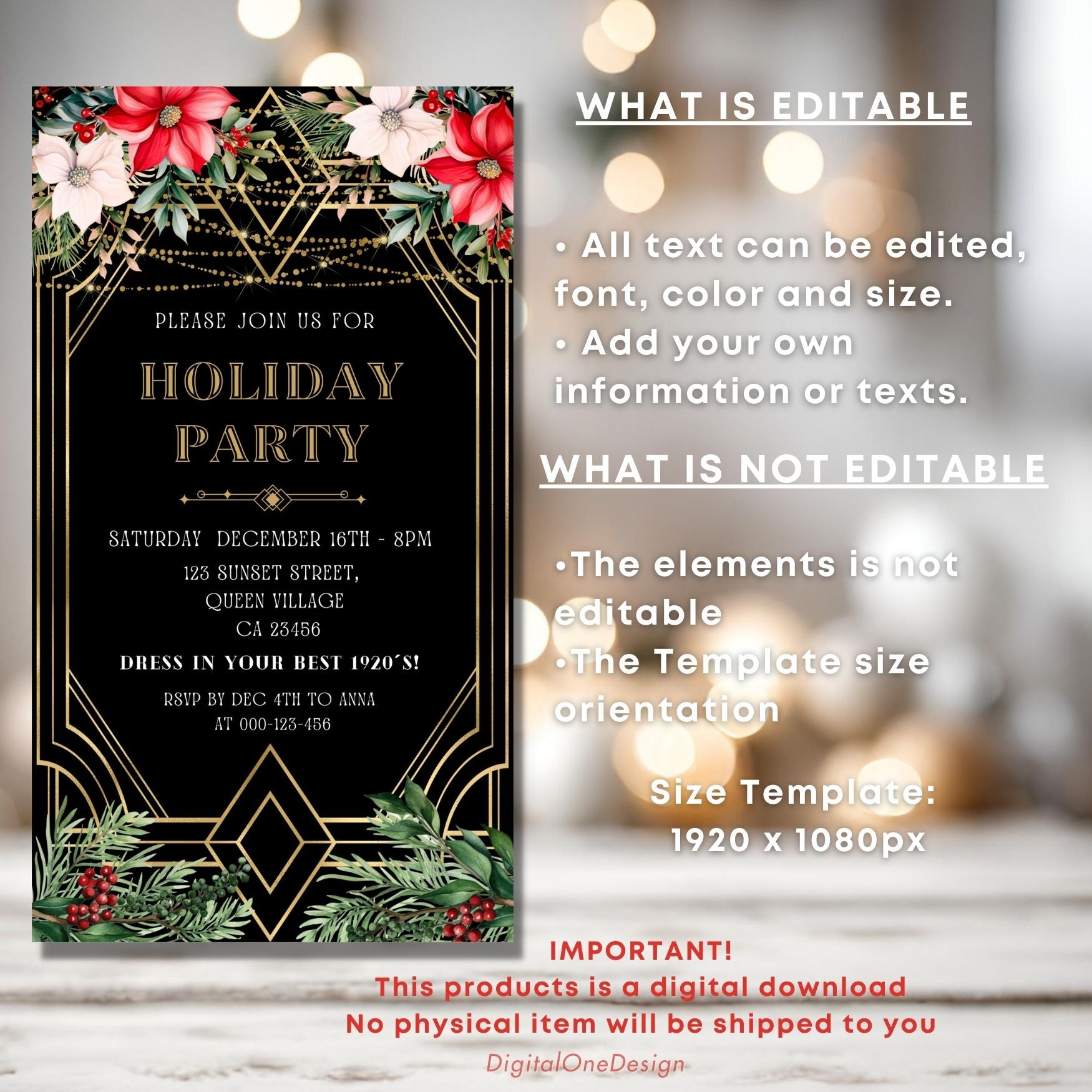 Roaring 1920s Holiday party invitation with decorative elements on a blurred background