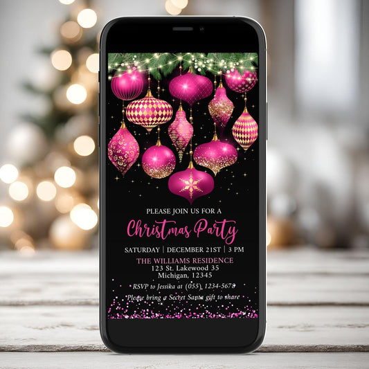 Hot Pink and Gold Ornaments Christmas Party Invitation