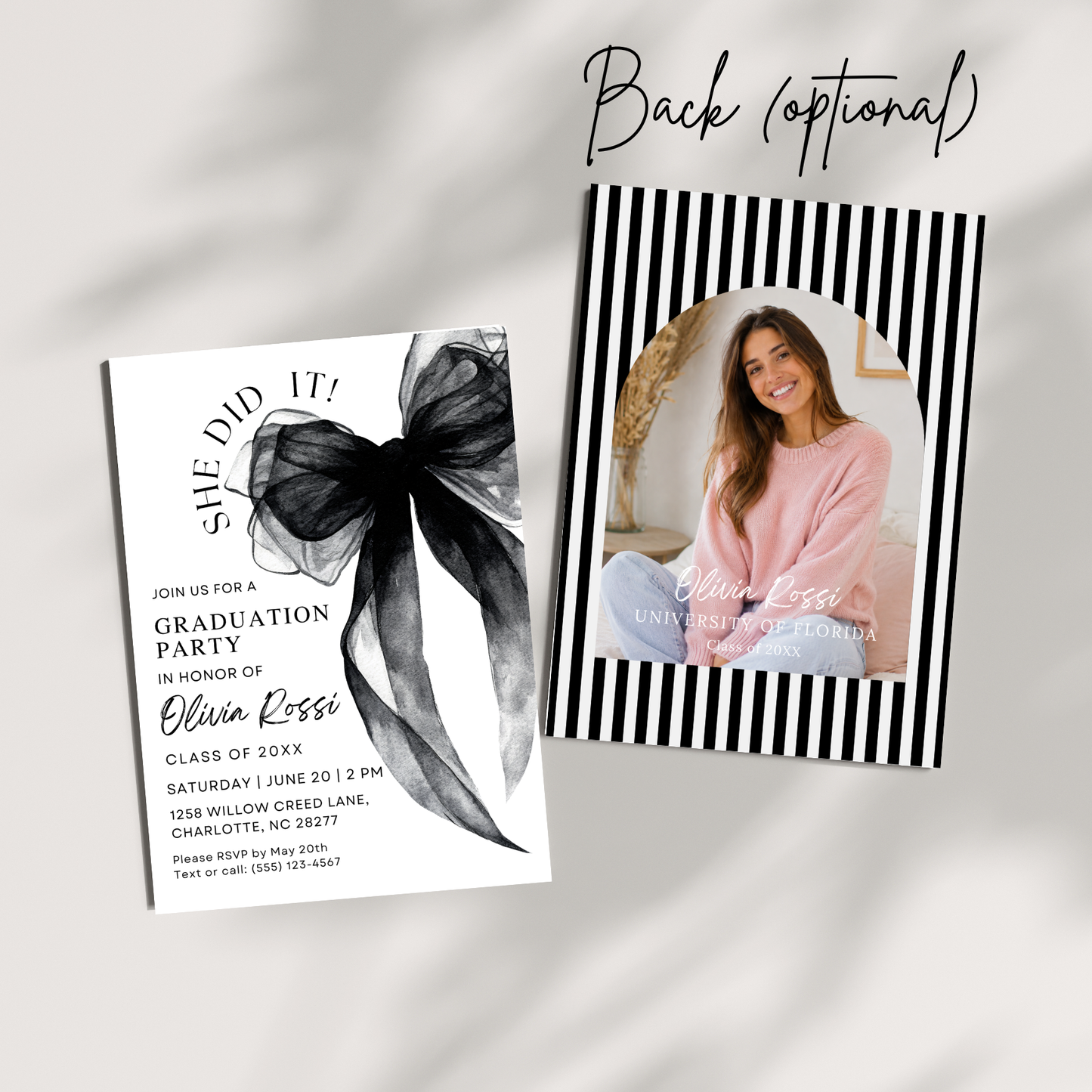Editable Watercolor Black Bow Coquette Graduation Invitation