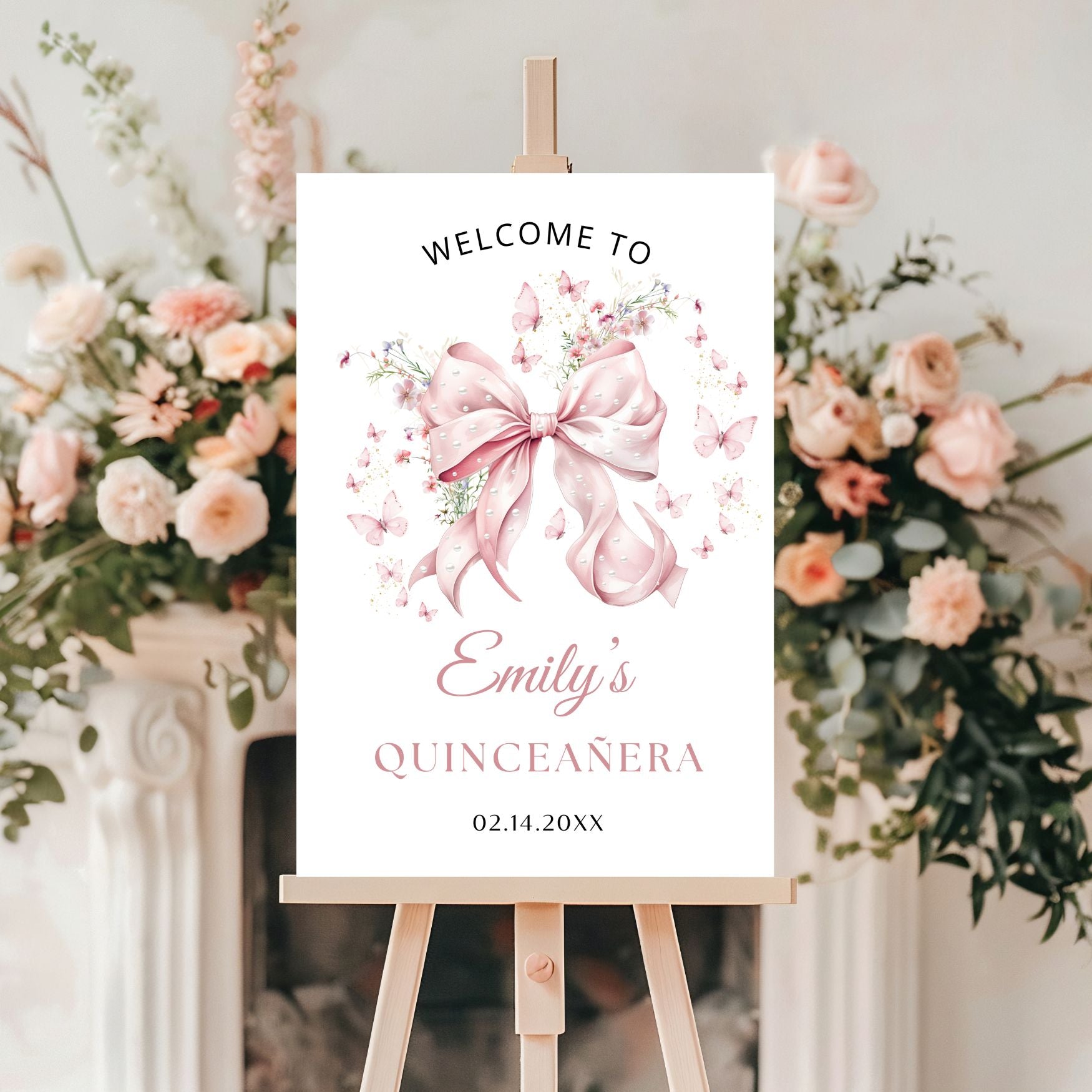Pink Bow and Pearls Quinceanera Welcome Sign